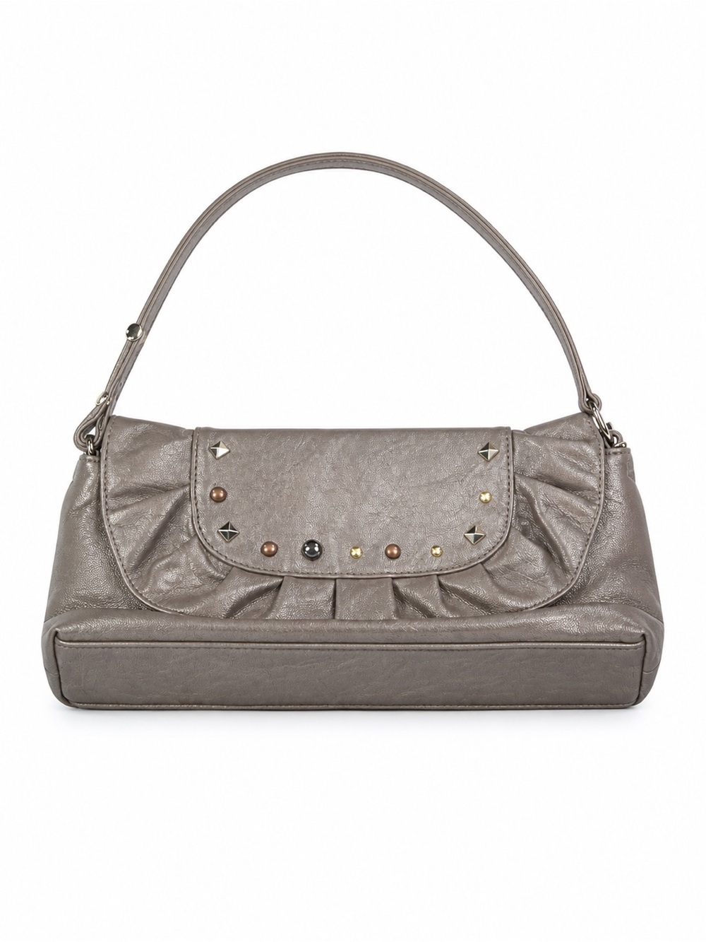 Y2K Taupe Studded Shoulder Bag | Airwalk Faux Leather Ruched Clutch